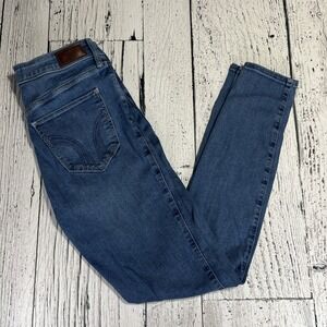 Hollister High Rise Super Skinny Stretch Jeans Womens 9L 29x31 Blue Distressed‎